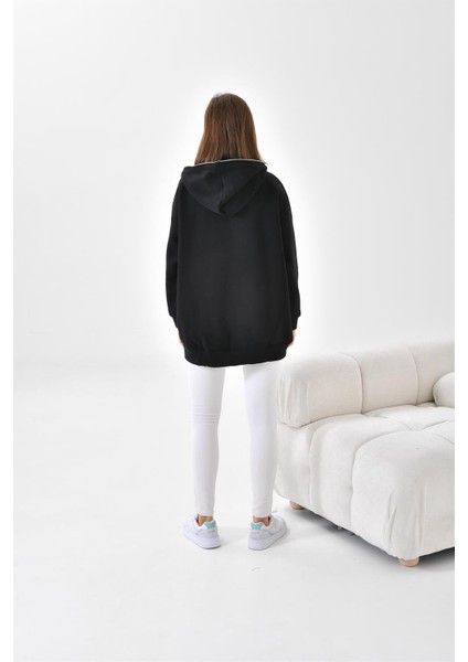 Kadın Oversize 3 İp Şardonlu Fermuarlı Sweatshırt Siyah 10002