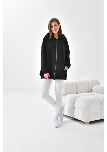 Kadın Oversize 3 İp Şardonlu Fermuarlı Sweatshırt Siyah 10002
