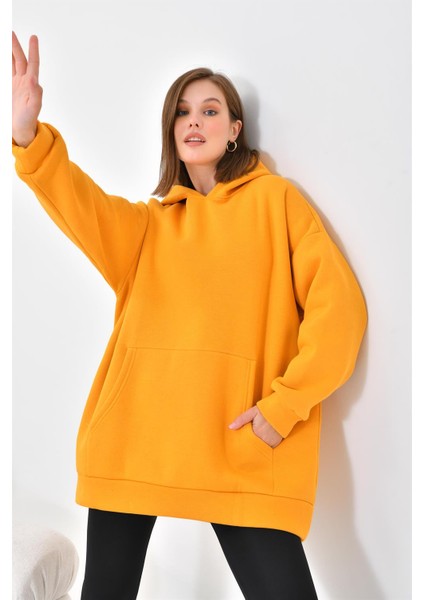 Kadın Oversize 3 İp Şardonlu Kapüşonlu Sweatshirt Hardal 10000