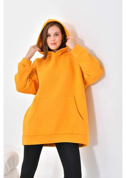 Kadın Oversize 3 İp Şardonlu Kapüşonlu Sweatshirt Hardal 10000