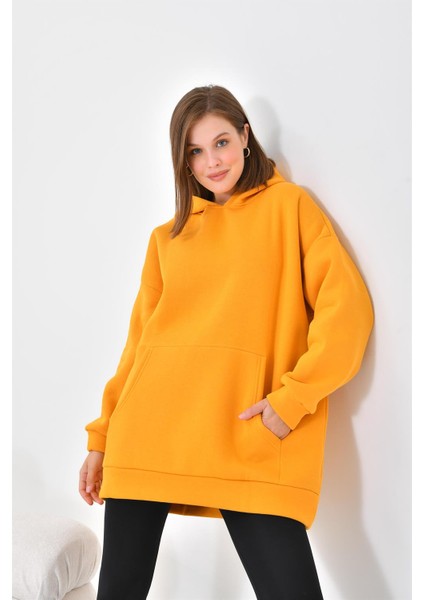 Kadın Oversize 3 İp Şardonlu Kapüşonlu Sweatshirt Hardal 10000