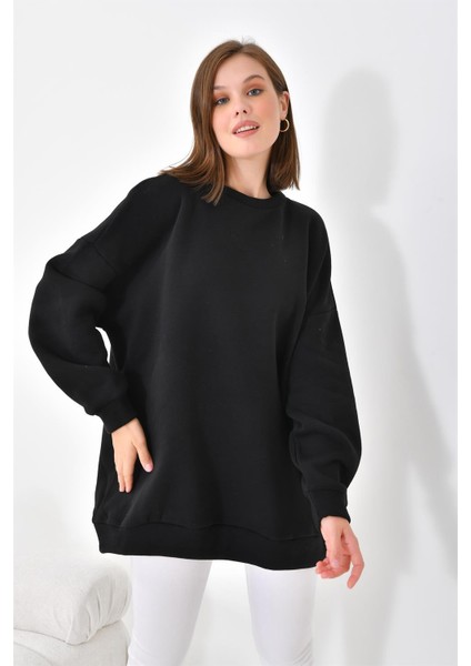 Kadın Oversize 3 İp Şardonlu Sweatshirt Siyah 10001