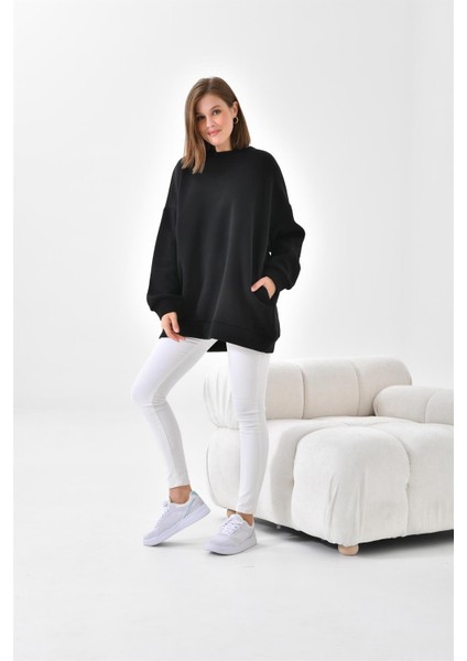 Kadın Oversize 3 İp Şardonlu Sweatshirt Siyah 10001