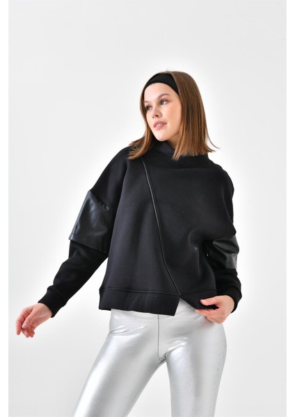 Kadın Deri Detaylı Sweatshırt Siyah RBN4024 fırsatları