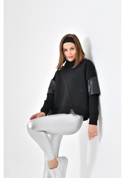 Kadın Deri Detaylı Sweatshırt Siyah RBN4024 indirimleri