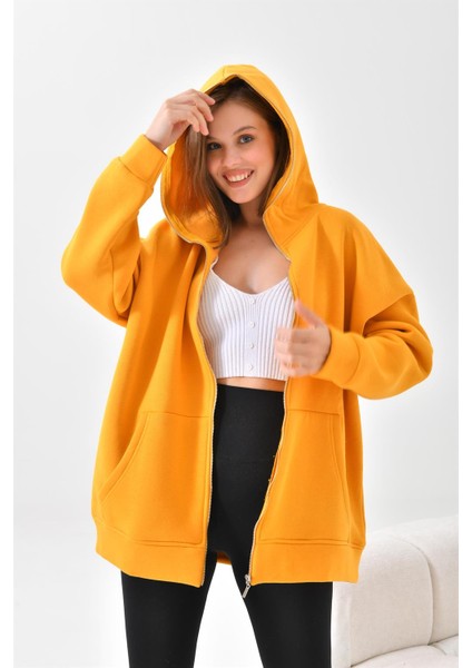 Kadın Oversize 3 İp Şardonlu Fermuarlı Sweatshırt Hardal 10002