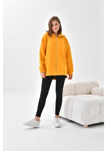 Kadın Oversize 3 İp Şardonlu Fermuarlı Sweatshırt Hardal 10002 fırsatları
