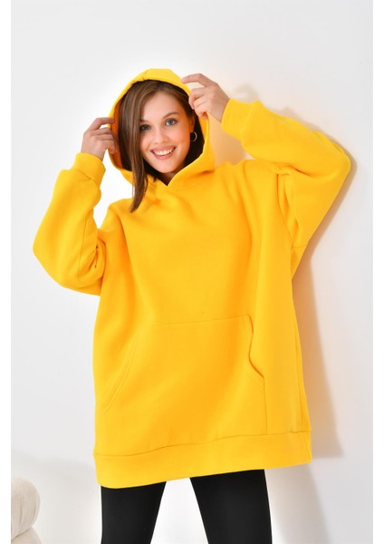 Kadın Oversize 3 İp Şardonlu Kapüşonlu Sweatshirt Sarı 10000