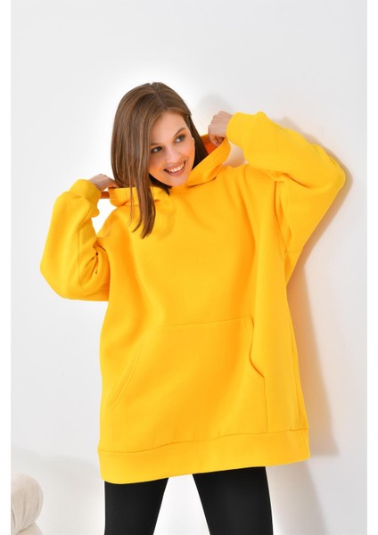 Kadın Oversize 3 İp Şardonlu Kapüşonlu Sweatshirt Sarı 10000