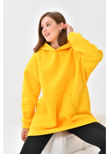 Kadın Oversize 3 İp Şardonlu Kapüşonlu Sweatshirt Sarı 10000