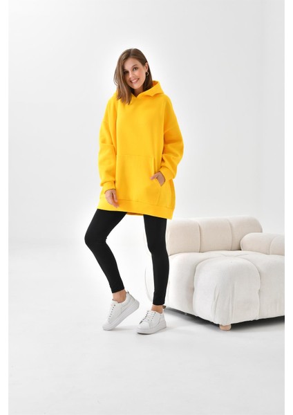 Kadın Oversize 3 İp Şardonlu Kapüşonlu Sweatshirt Sarı 10000