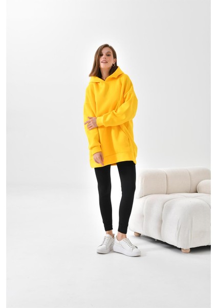 Kadın Oversize 3 İp Şardonlu Kapüşonlu Sweatshirt Sarı 10000