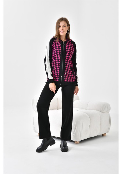 Kadın Kapşonlu Kazayağı Desenli İkili Takım Siyah Ekru 20536