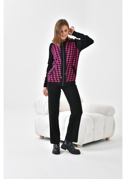 Kadın Kapşonlu Kazayağı Desenli İkili Takım Siyah Ekru 20536 fiyatları