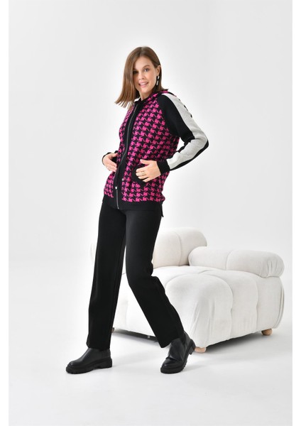 Kadın Kapşonlu Kazayağı Desenli İkili Takım Siyah Ekru 20536 modelleri