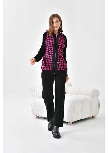 Kadın Kapşonlu Kazayağı Desenli İkili Takım Siyah Ekru 20536 fırsatları