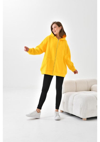 Kadın Oversize 3 İp Şardonlu Fermuarlı Sweatshırt Sarı 10002