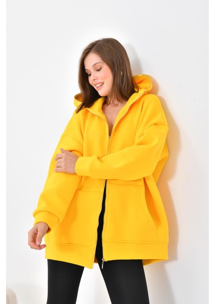 Kadın Oversize 3 İp Şardonlu Fermuarlı Sweatshırt Sarı 10002