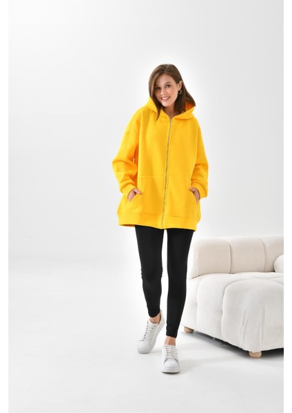 Kadın Oversize 3 İp Şardonlu Fermuarlı Sweatshırt Sarı 10002
