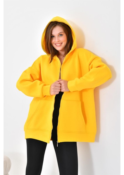 Kadın Oversize 3 İp Şardonlu Fermuarlı Sweatshırt Sarı 10002