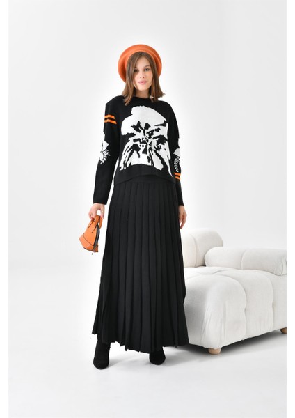 Kadın Çiçek Desen Detaylı Etekli Takım Siyah 20125