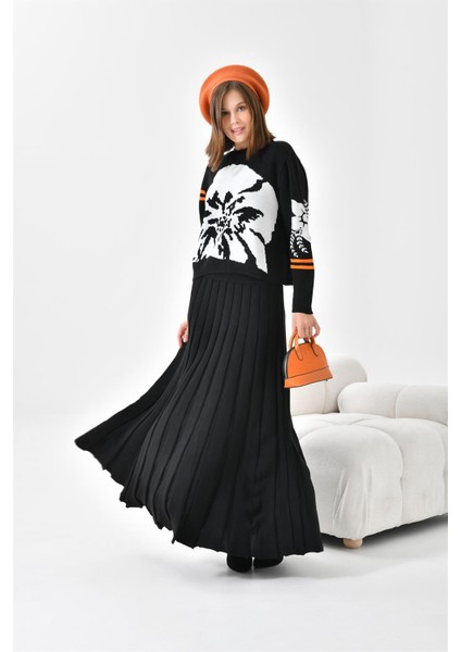 Kadın Çiçek Desen Detaylı Etekli Takım Siyah 20125 fiyatları