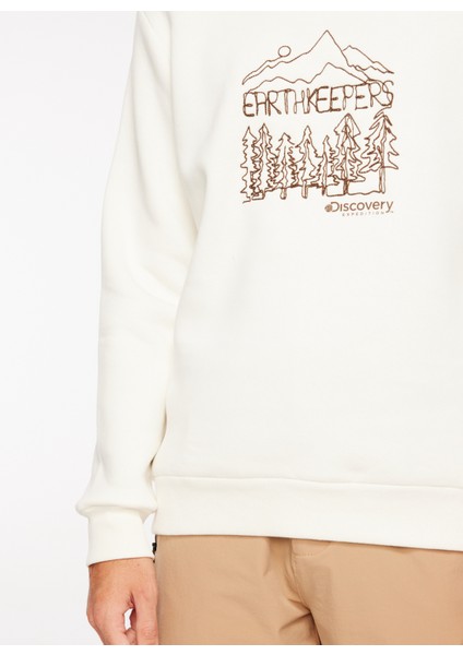 Discovery Expedition Kırık Beyaz Erkek Bisiklet Yaka Baskılı Sweatshirt D3WM-SWT29