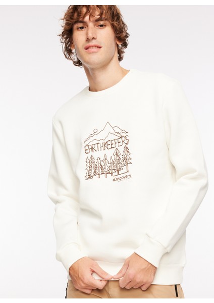 Kırık Beyaz Erkek Bisiklet Yaka Baskılı Sweatshirt D3WM-SWT29