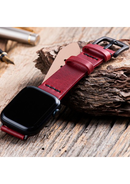 Apple Watch Uyumlu 42MM 44MM 45MM 49MM 1 / 2 / 3 / 4 / 5 / 6 / Se / 7 / 8 / 9 Ultra Ultra 2 Deri Kordon Deri Kayış Kırmızı