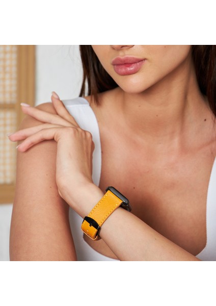 Apple Watch 42MM 44MM 45MM 49MM 3 / 4 / 5 / 6 / se / 7 / 8 / 9 / Ultra / Ultra 2 Deri Kordon Sarı