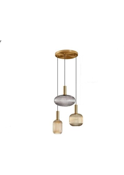 Rustik Dekoratif Metal Modern Yuvarlak Eskitme Kaplama Bal Füme Opal Camlı 3 Lü Avize