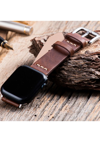 Apple Watch Uyumlu 42MM 44MM 45MM 49MM 1 / 2 / 3 / 4 / 5 / 6 / Se / 7 / 8 / 9 Ultra Ultra2 Deri Kordon Deri Kayış Kahverengi