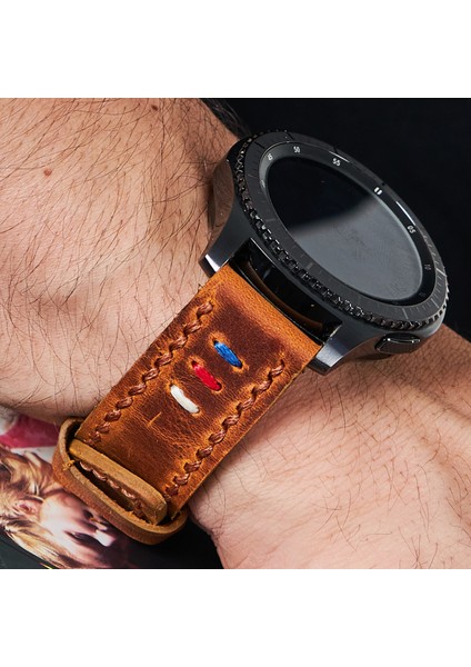 Samsung Galaxy Watch 4 5 6 / Watch 6 Classic 40MM 43MM 44MM 47MM Watch 5 Watch 5 Pro 40MM 44MM 45MM Watch 4 40MM 42MM 44MM 46MM 3 İp Motifli Gri Deri Kordon 20MM Hardal