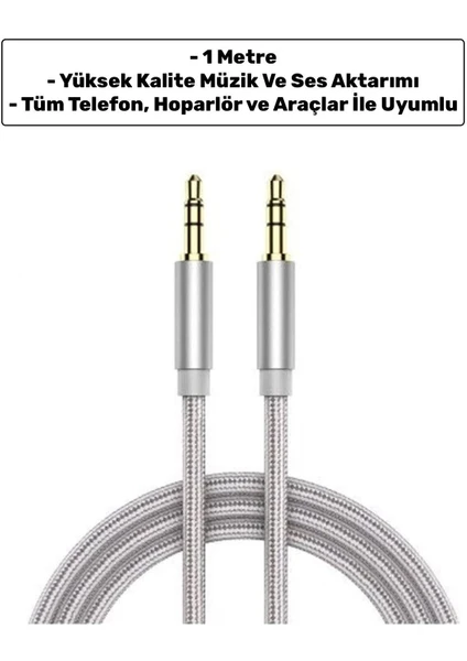 1m Aux To Aux 3.5mm Jack Girişli Yüksek Kalite Müzik ve Ses Aktarıcı Kablo Gümüş Gri