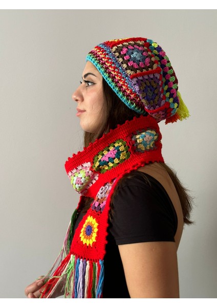 El Örgüsü Etnik Bere ve Atkı Takım Set Unisex