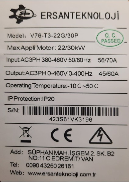 Vfd( Değişken Frekanslı Sürücü) 22KW modelleri