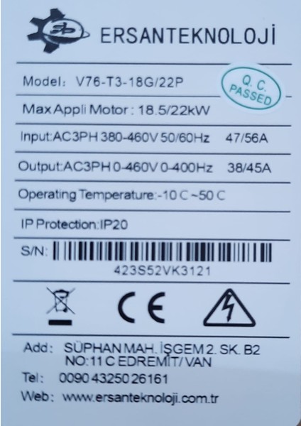 Vfd(Değişken Frekanslı Sürücü) 18.5kw modelleri