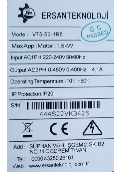 Vfd(Değişken Frekanslı Sürücü) Ac Sürücü Inverter 1ph 220V To 3ph 380V 1.5kw