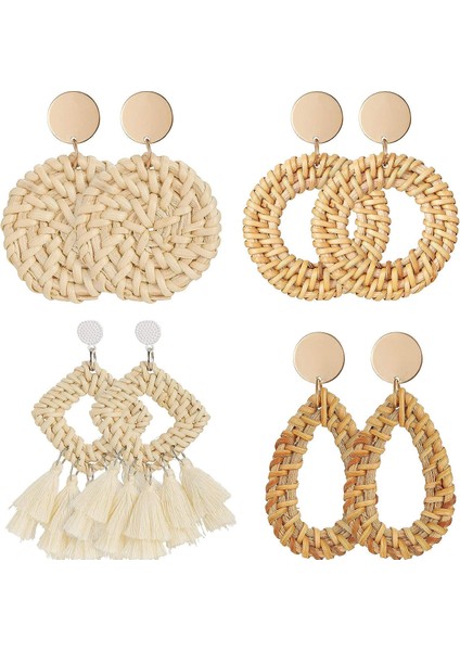 4 Çift Rattan Küpe Hafif Geometrik Bildirimi Püskül Örgülü Boho Küpe El Yapımı Saman Hasır Dokuma Hoop Dangle Küpe Kadın (Yurt Dışından)