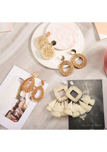 4 Çift Rattan Küpe Hafif Geometrik Bildirimi Püskül Örgülü Boho Küpe El Yapımı Saman Hasır Dokuma Hoop Dangle Küpe Kadın (Yurt Dışından) fırsatları