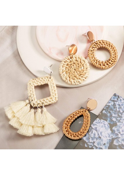 4 Çift Rattan Küpe Hafif Geometrik Bildirimi Püskül Örgülü Boho Küpe El Yapımı Saman Hasır Dokuma Hoop Dangle Küpe Kadın (Yurt Dışından) indirimleri
