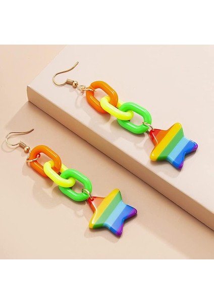Sevimli Gökkuşağı Yıldız Zincir Dangle Küpe Kadın Hipoalerjenik Hassas Kulak Renkli (Yurt Dışından)