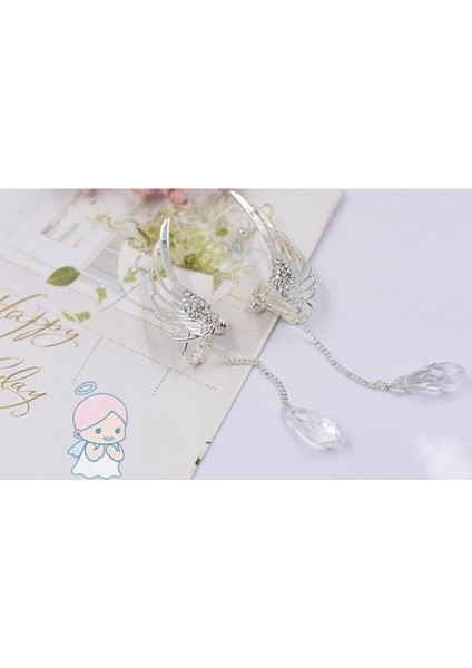 Kadın Melek Kanatları Kristal Gümüş Kübik Zirkonya Kristal Kulak Manşet Saplama Küpe Dangly Küpe Asılı Küpeler (Yurt Dışından) fırsatları