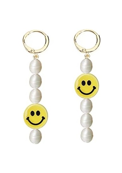 Inci Gülen Yüz Huggie Küpe Sevimli Y2K Asimetri Taze Inci Küçük Hoop Dangle Bırak Küpe Genç Kızlar Kadınlar Için (Yurt Dışından)