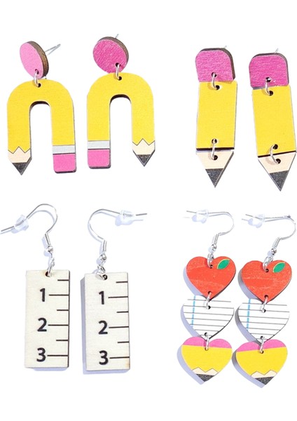 4 Çift Öğretmen Küpe Kadınlar Için Ahşap Dangle Küpe Renkli Yaratıcı Küpe Kadın Kızlar Için Öğrenci Öğretmen (Yurt Dışından)
