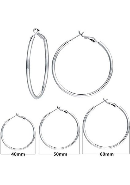 3 Çift Halka Küpe - Büyük Halka Küpe Seti Gümüş Halka Küpe Kadın Kızlar Için Sevgililer Günü Hediyeleri (40/50/60MM) (Yurt Dışından) fırsatları