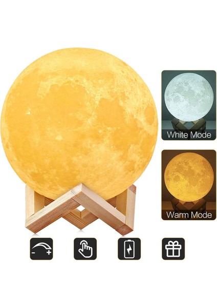 3D Ay Lambası 15 cm 2 Renk, Dokunmatik Lamba USB Şarj Edilebilir Gece Lambası Çok Güzel Hassas Işık Yatak Odası Için Ahşap Stand ile Noel Hediyesi (Yurt Dışından)