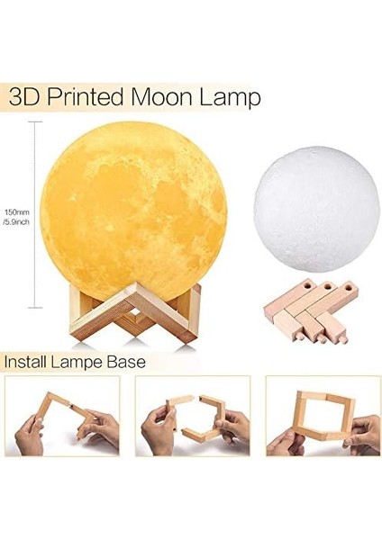 3D Ay Lambası 15 cm 2 Renk, Dokunmatik Lamba USB Şarj Edilebilir Gece Lambası Çok Güzel Hassas Işık Yatak Odası Için Ahşap Stand ile Noel Hediyesi (Yurt Dışından) fırsatları