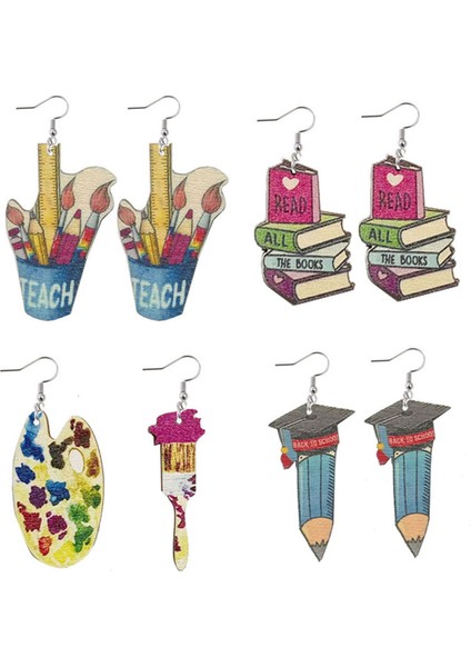 4 Çift Öğretmen Küpe Kadınlar Için Ahşap Dangle Küpe Renkli Yaratıcı Küpe Kadın Kızlar Için Öğrenci Öğretmen (Yurt Dışından)