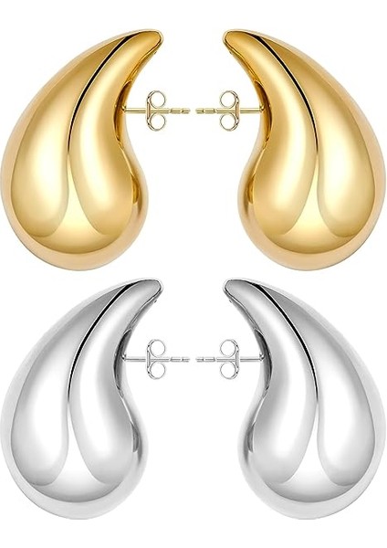 Iki Çift Su Damlası Küpe - Altın + Gümüş (18K Malzeme) (Yurt Dışından)